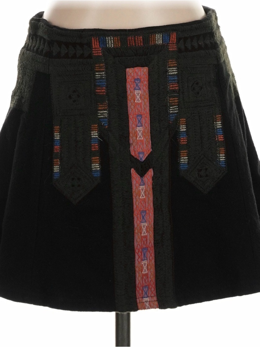 Free People Black A-Line Mini Skirt with Red and Blue Embroidered Trim romantics